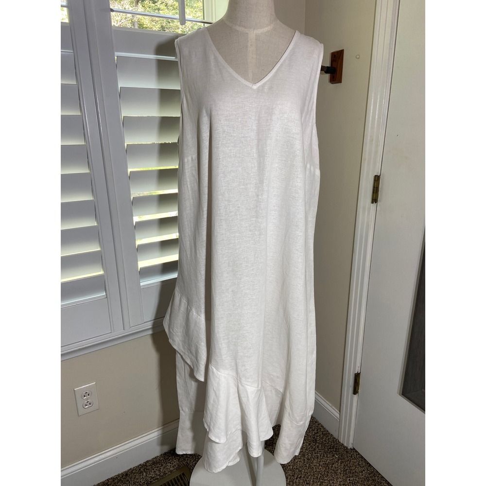 Jessica London Linen Asymmetric Ruffle Dress 16W White V-Neck Lagenlook Coastal